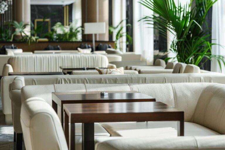 Luxury hotel lobby lounge with cream leather sofas, dark wood coffee tables, indoor plants, and large windows creating a bright, modern atmosphere.