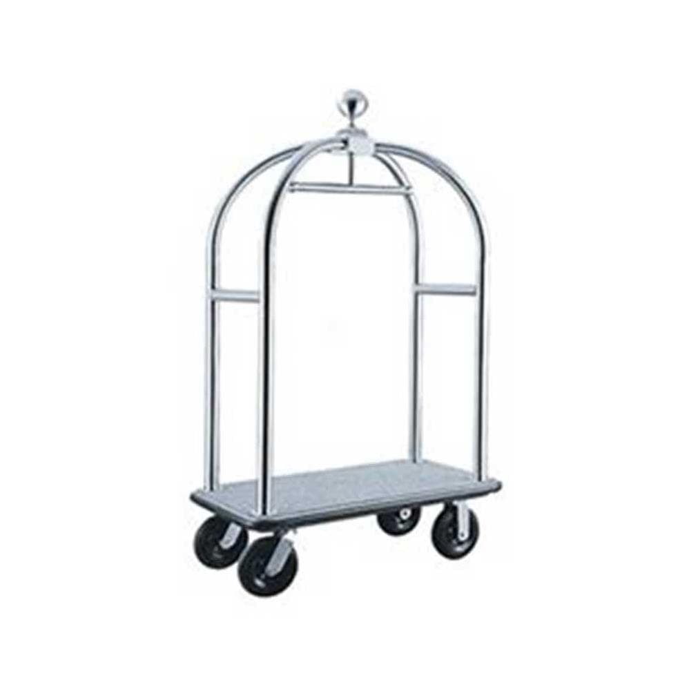 Chrome luggage trolley with flat platform and wheels for hotel lobby baggage handling and guest service