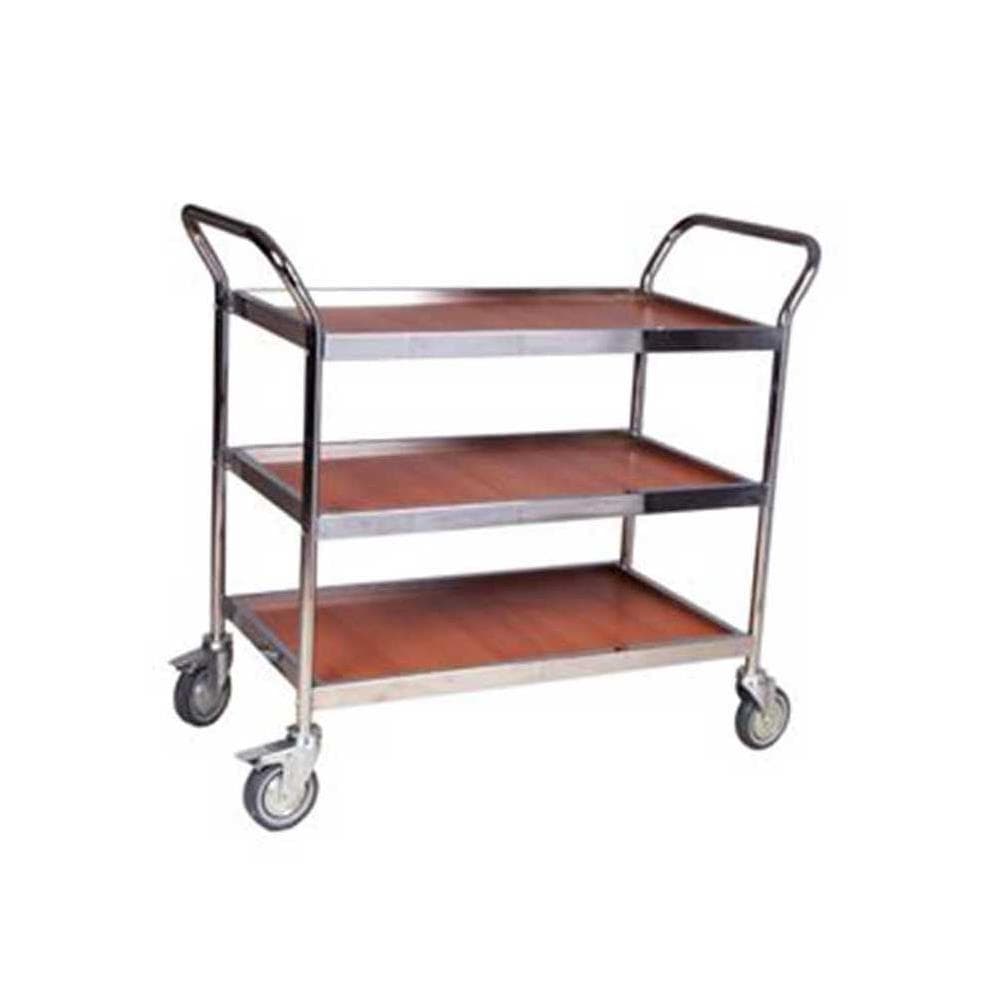 Three-tier stainless steel service trolley with wooden shelves and caster wheels for hotel room service and catering