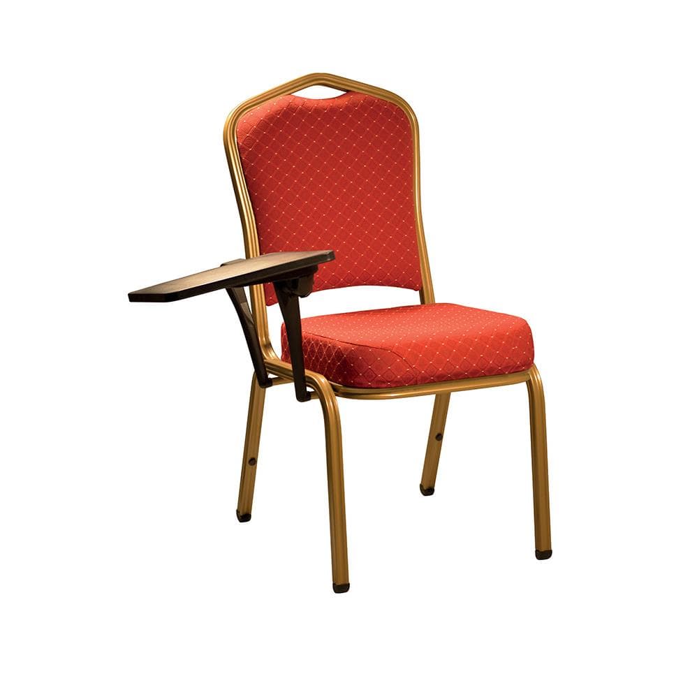 Red upholstered banquet chair with writing tablet and gold metal frame for conference and seminar seating