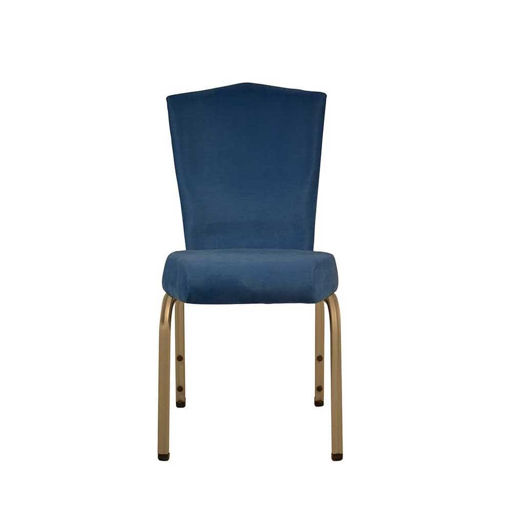 Blue upholstered banquet chair with gold metal frame for hotel ballroom and conference seating