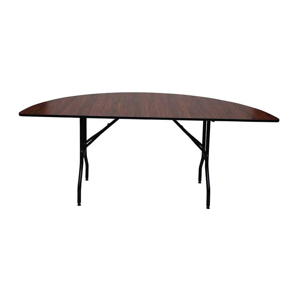Rectangular wooden banquet table with folding black metal legs for hotel conferences and event setups
