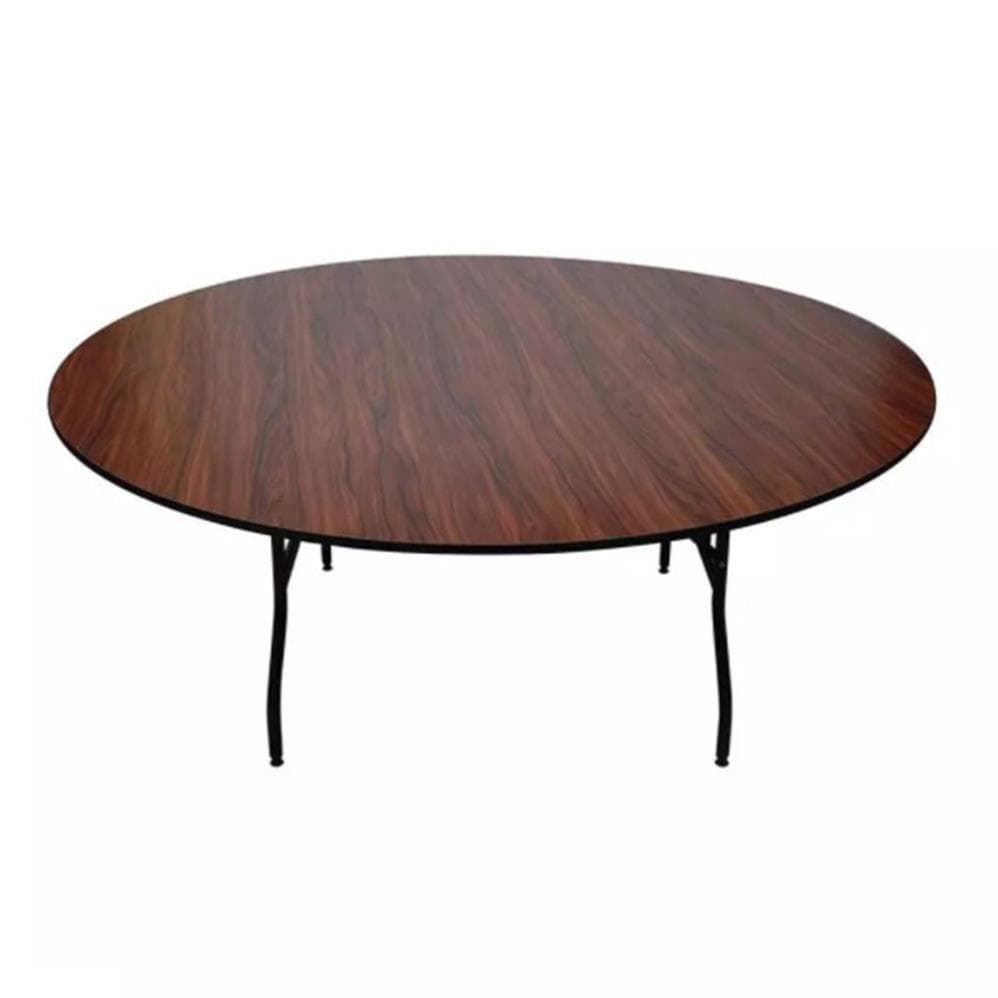 Round wooden banquet table with folding black metal legs for hotel events, weddings, and conference setups