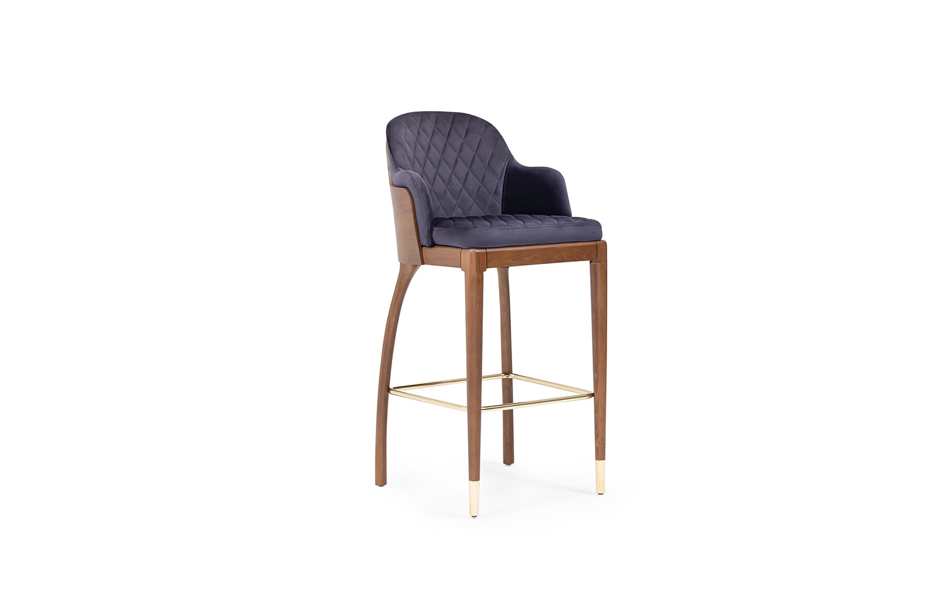 Upholstered wooden bar stool with metal footrest for hotel and restaurant bar projects