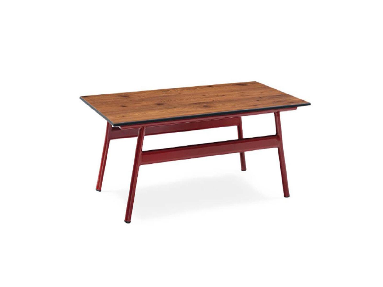Modern coffee table with wooden top and red metal frame, designed for hotel lobby and lounge areas.