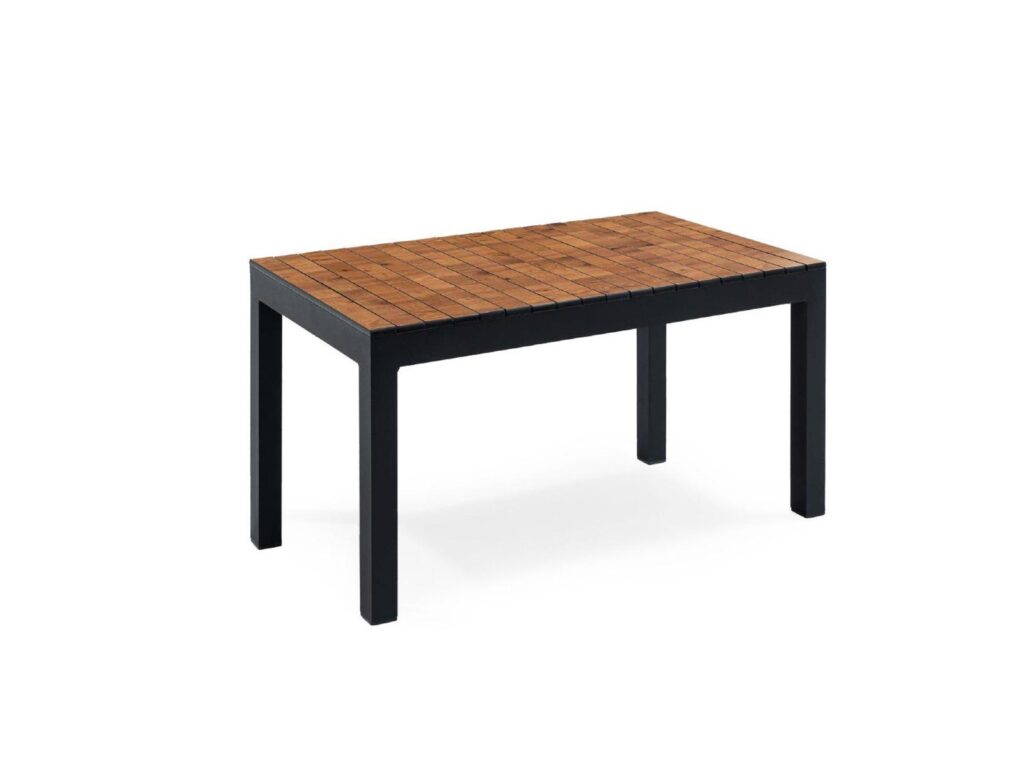 Contemporary coffee table with black metal frame and tiled wooden tabletop for hotel interiors.