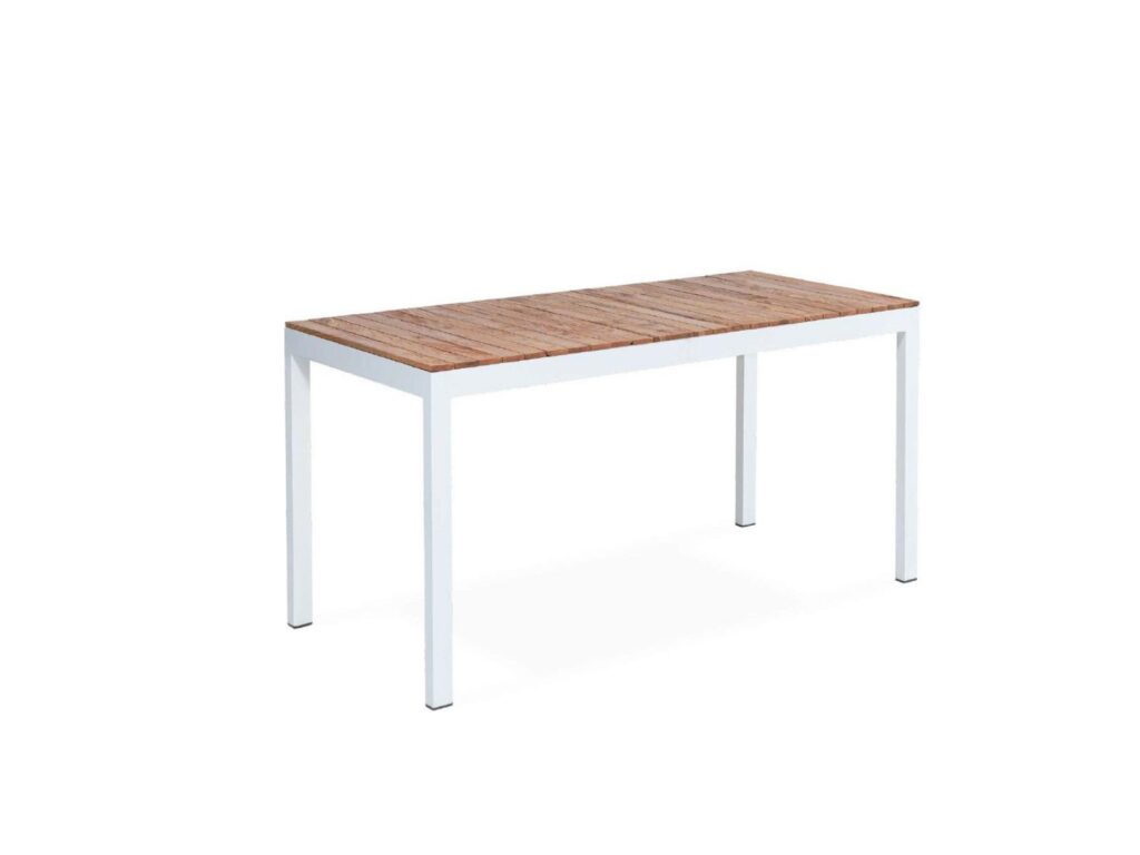 Contemporary hotel coffee table with wooden slat top and white metal frame for lobby seating.