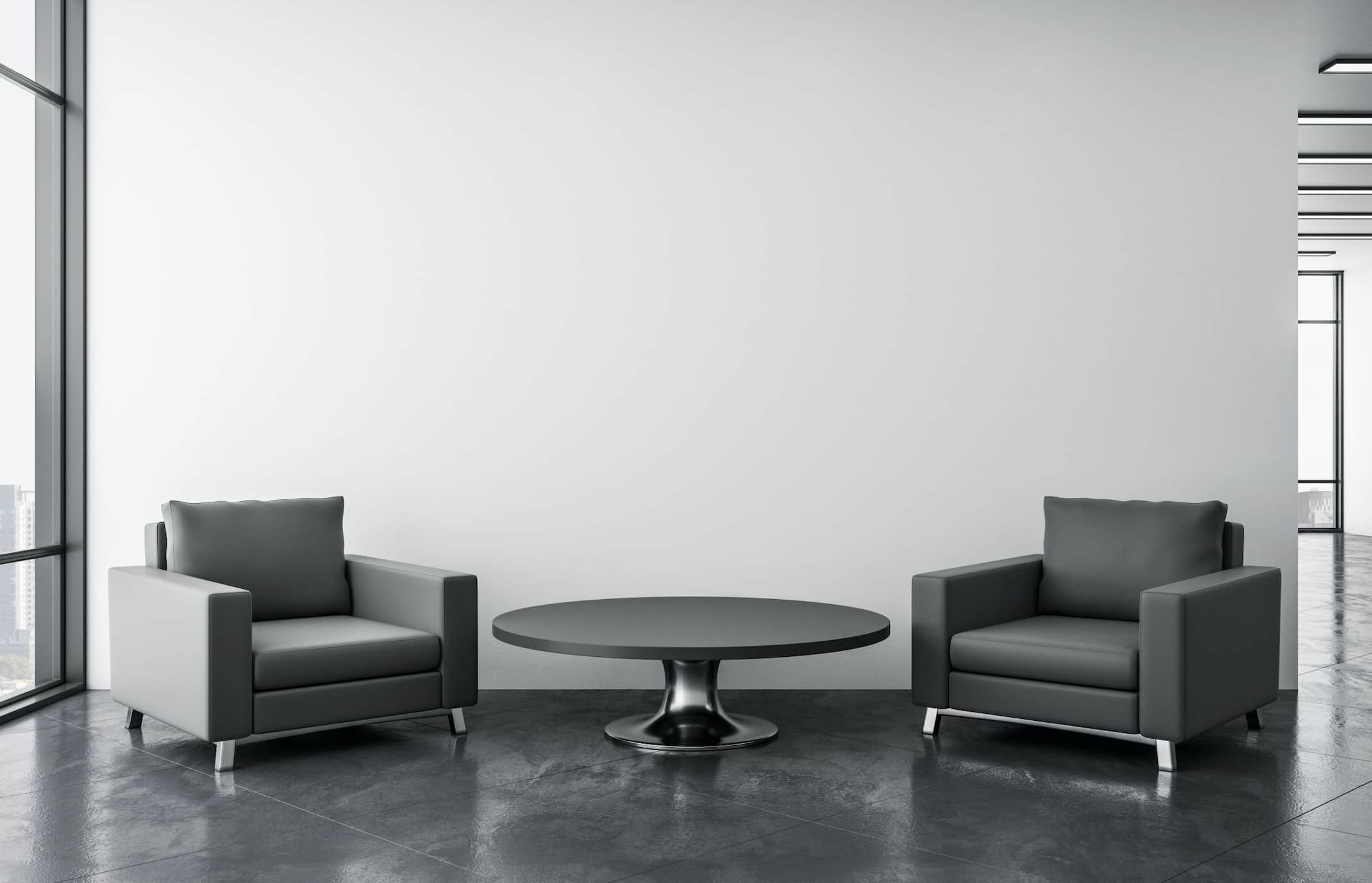 black sofas and black coffee table