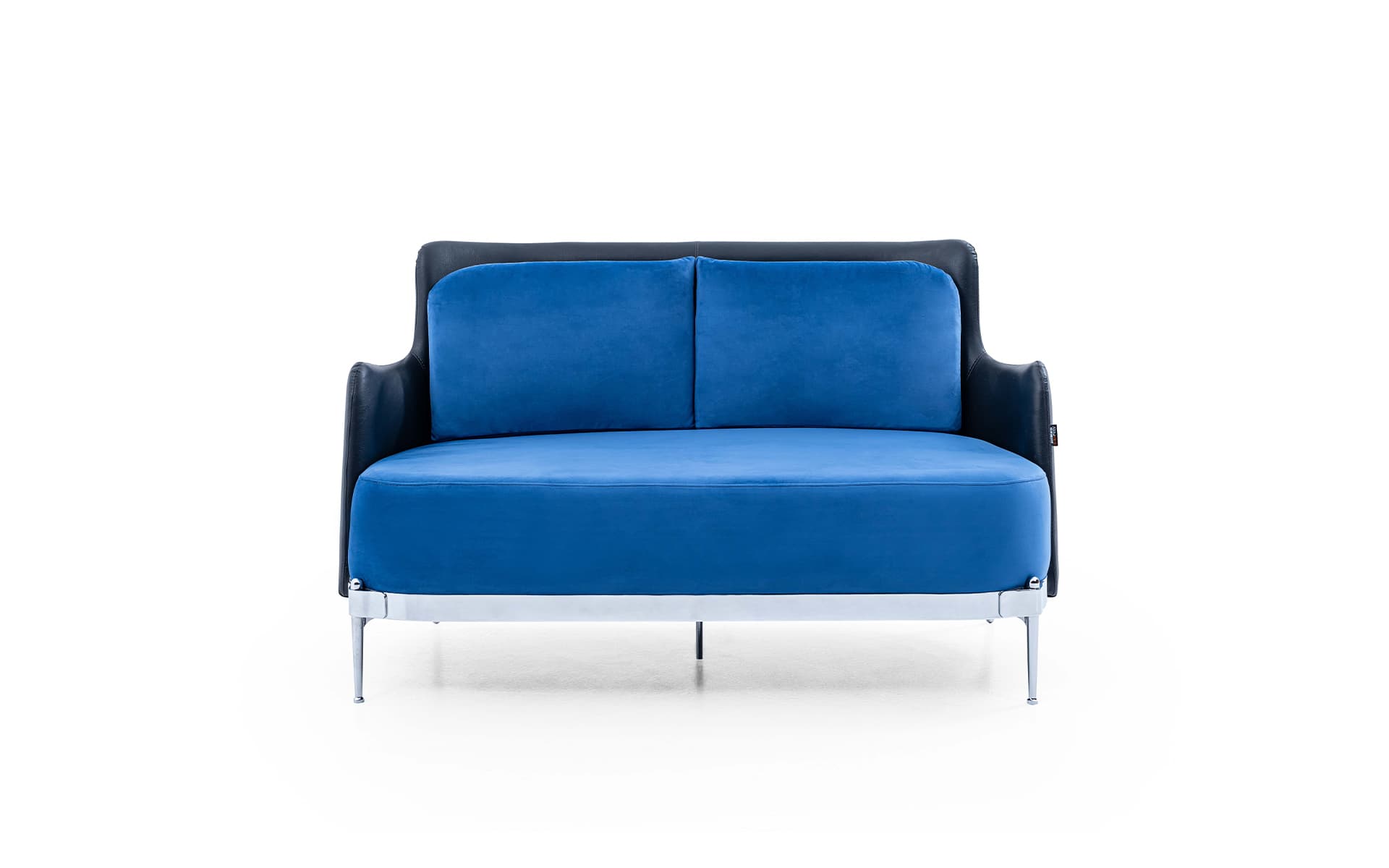 Modern hotel lobby sofa with blue upholstered cushions, black side panels, and chrome metal legs.