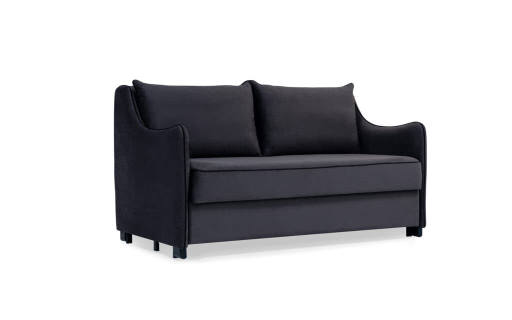 Classic hotel lobby sofa with black upholstered cushions, compact design, and durable contract-grade construction.