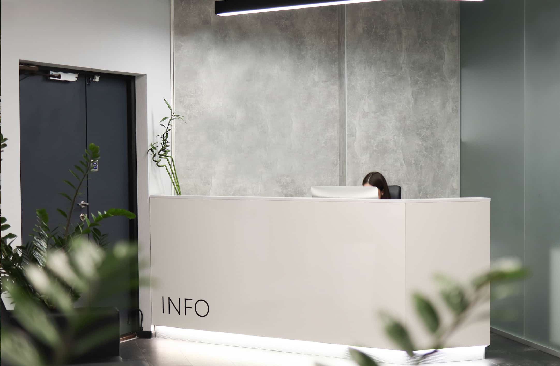 Contemporary hotel reception desk with INFO signage, minimalist design, soft lighting, and indoor plants.