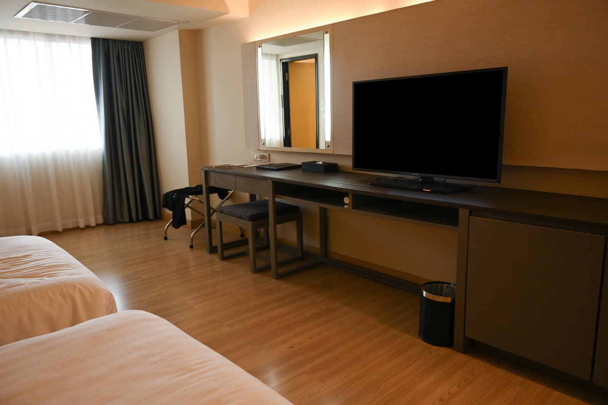 Hotel desk manufacturer in Turkey producing custom writing desks with TV panels for hotel rooms.