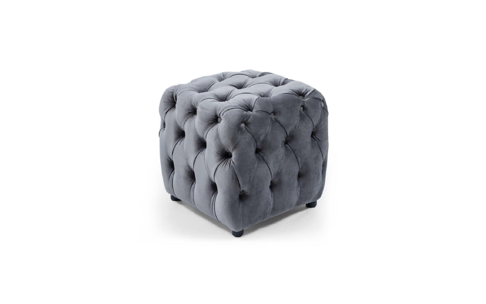 Modern tufted ottoman pouf with grey upholstered fabric, cube shape, and elegant hotel lobby seating design.