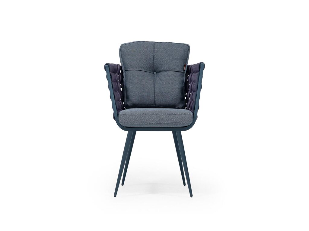 Outdoor dining chair for hotel and resort projects with woven sides and cushioned seat