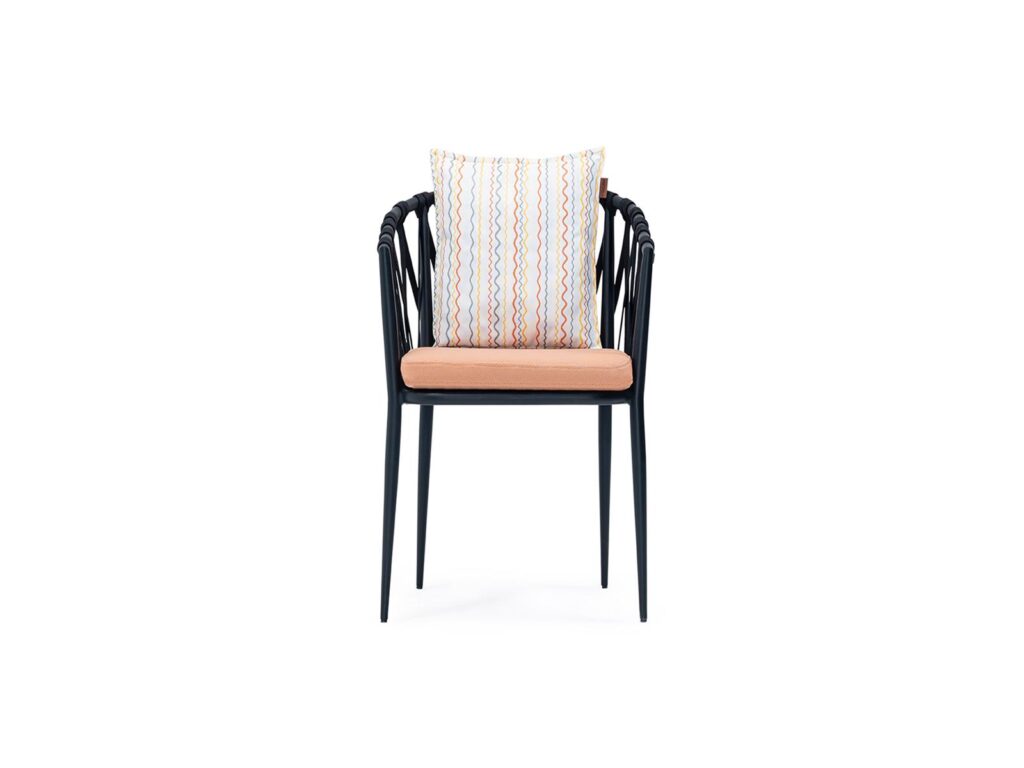 Outdoor dining chair with rope backrest, upholstered seat and cushion for hotel and restaurant terraces