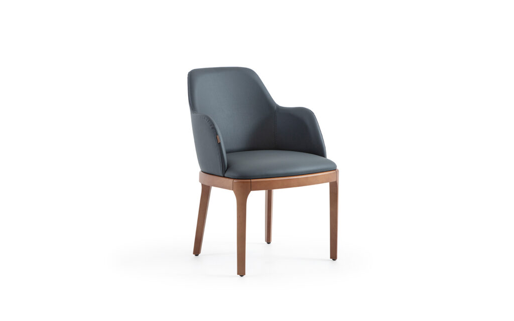 Modern upholstered restaurant chair with wooden legs for café and hotel dining areas