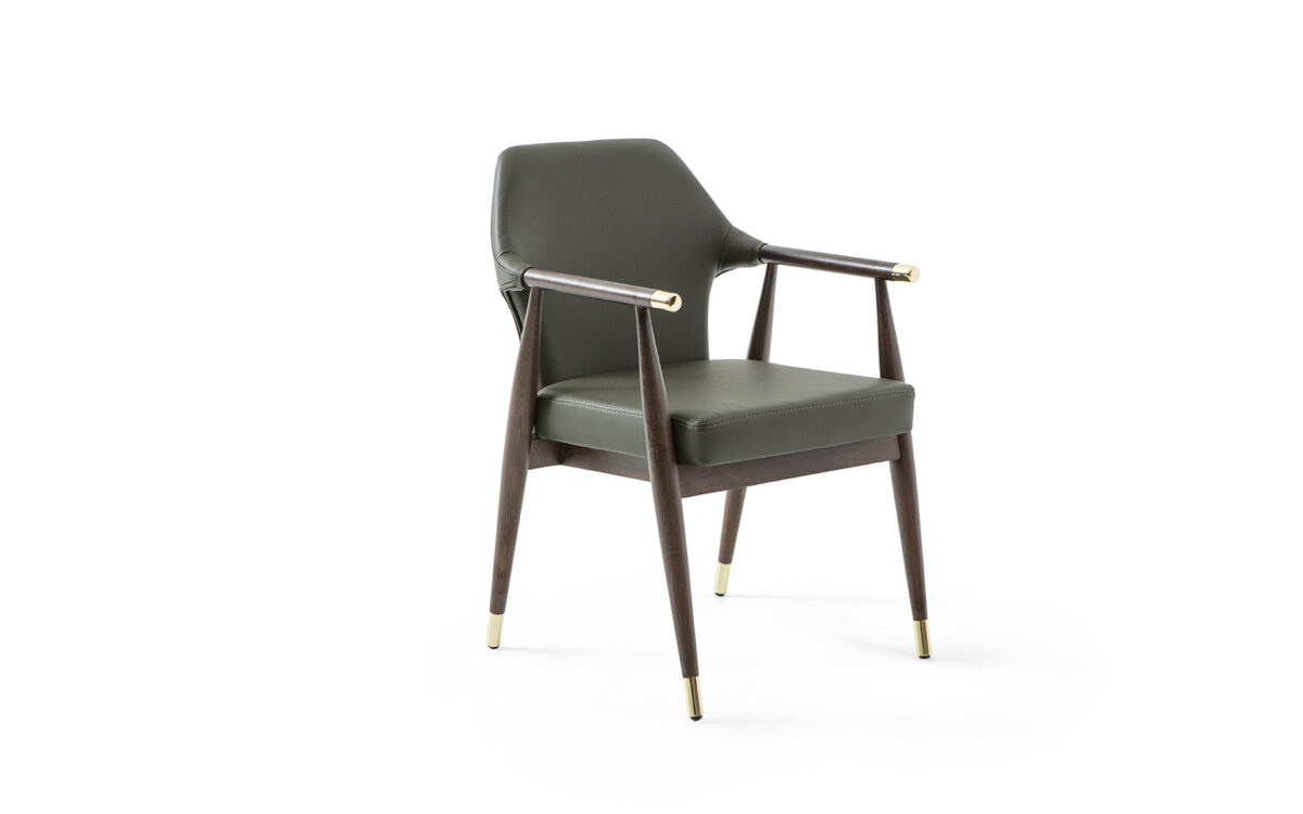 Upholstered restaurant chair with wooden legs and armrests designed for café and hospitality seating