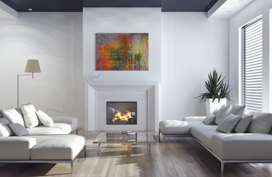 Modern hotel suite sofa with coffee table and soft neutral tones